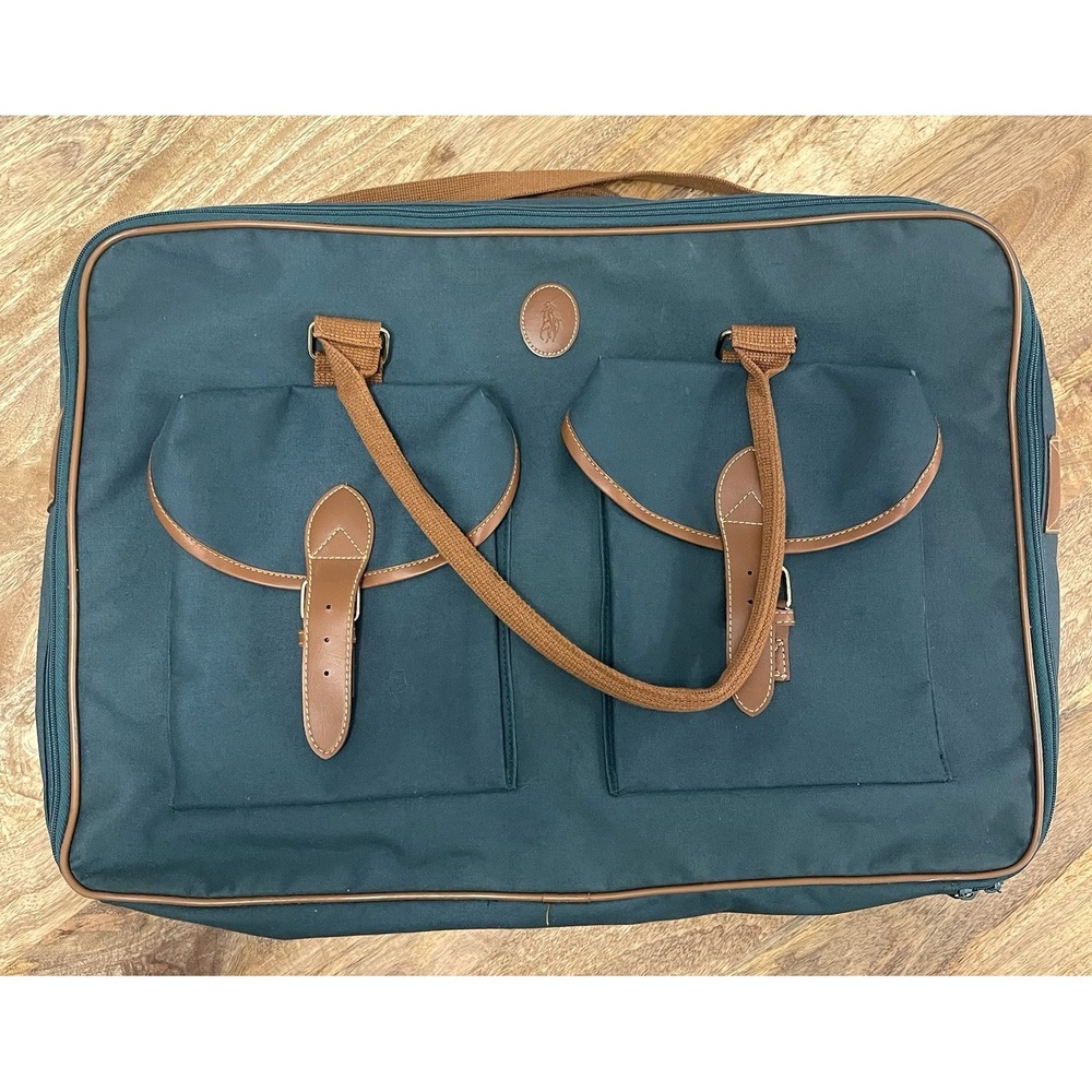 Vintage Polo Ralph Lauren Garment Bag Green Canvas Tan Trim Travel Carry On Week